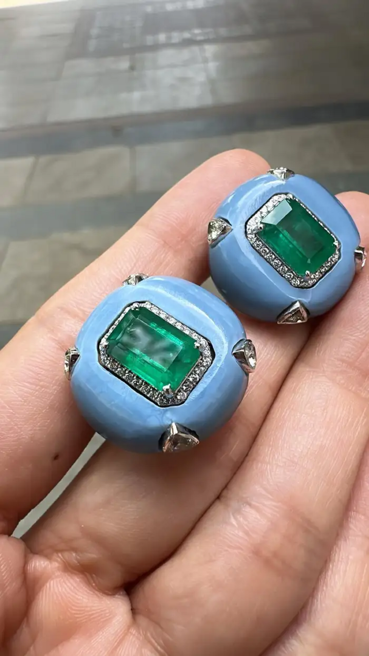 Natural Zambian Emerald & Blue Opal Stud Earrings - 18k White Gold Diamond Earrings
