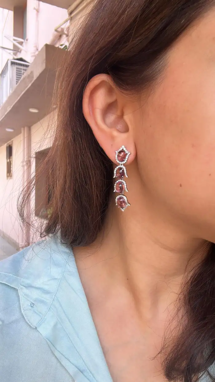 Natural Rubellite Gemstone Dangle Earrings - 18k White Gold Diamond Earrings