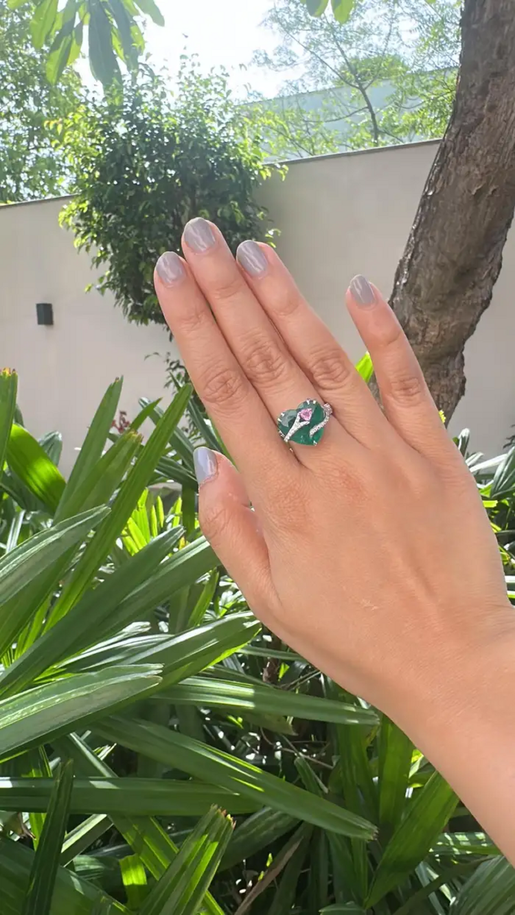 Heart Shape Zambian Emerald Gold Ring - 18k White Gold & Pink Sapphire Engagement Ring
