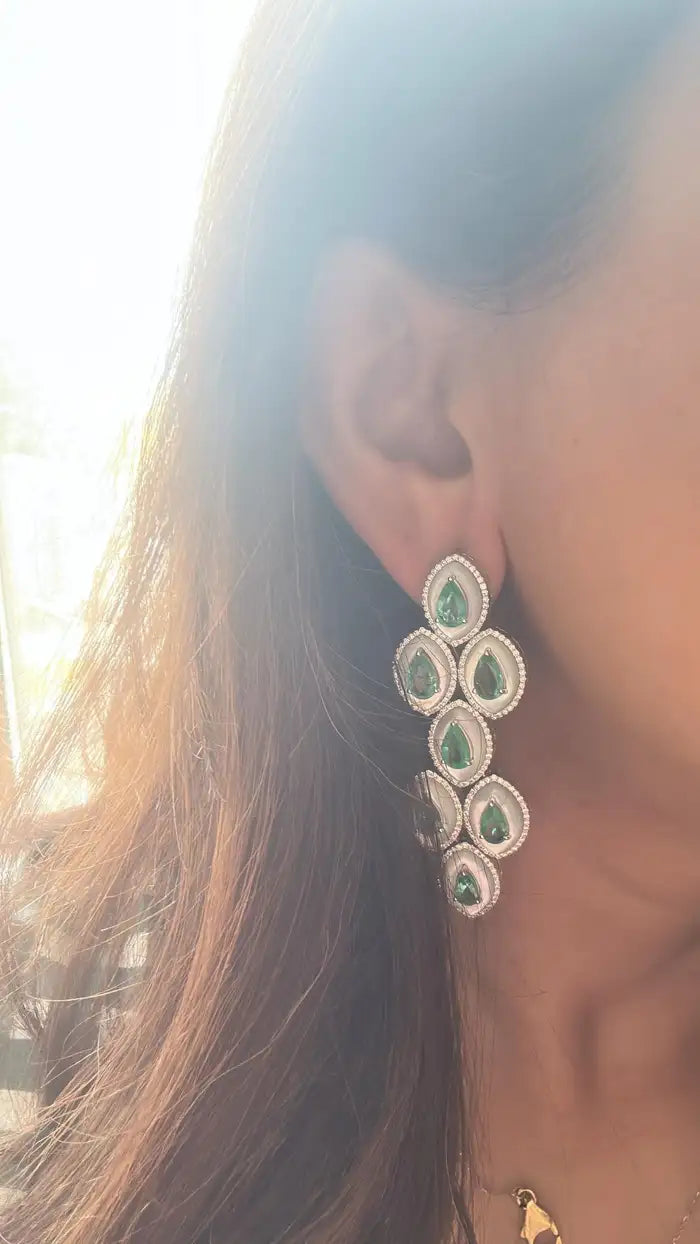 18k White Gold Handmade Chandelier Earring - Natural Colombian Emerald & Mother of Pearl Earrings