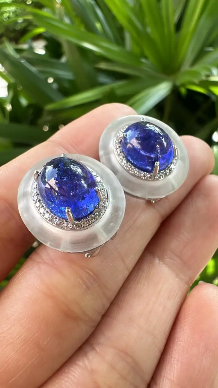Set in 18K Gold, Tanzanite Cabochon, Rock Crystal & Diamonds Stud Earrings