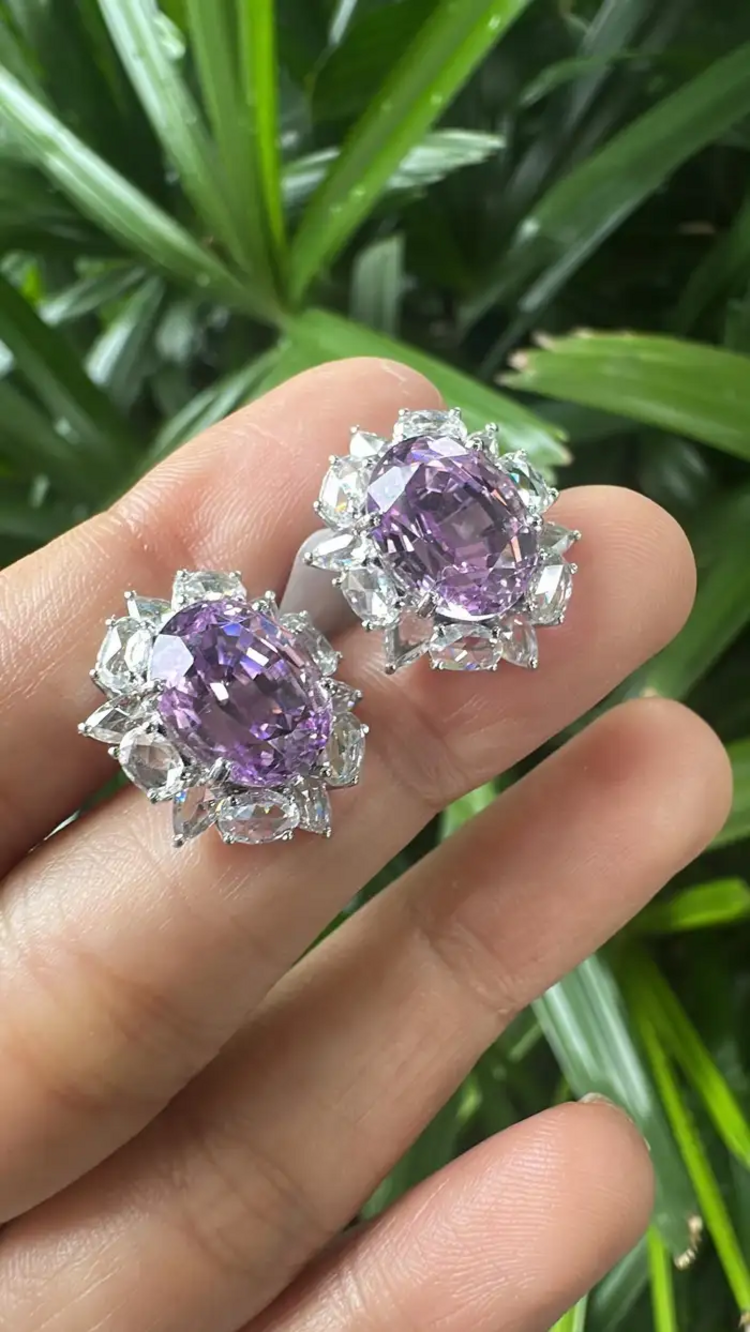 11.26 Ct. Kunzite Stud Earrings - 18k White Gold Rose Cut Diamond Earrings
