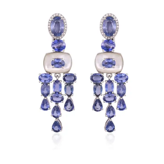 18k White Gold Diamond Handmade Earrings - Natural Blue Sapphire & Mother Of Pearl Chandelier Earrings