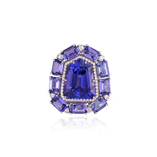 Natural Tanzanite & Rose Cut Diamond Cocktail Ring - 18k White Gold Diamond Wedding Ring