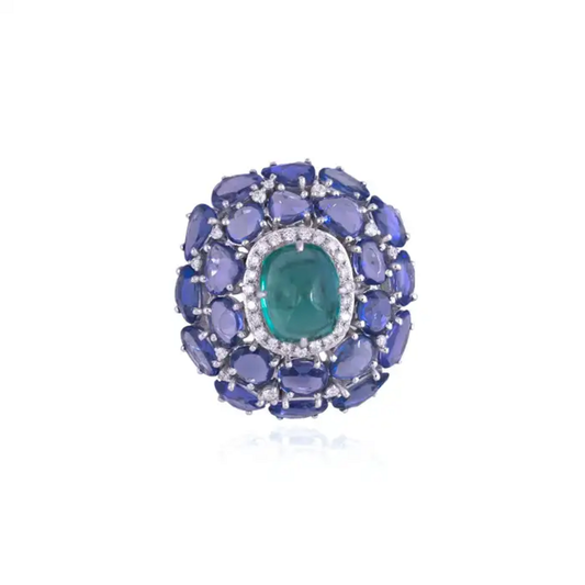 18k White Gold Diamond Statement Ring - Natural Zambian Emerald & Blue Sapphire Cocktail Ring