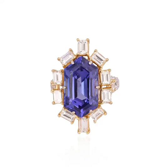 18k White Gold Yellow Diamond Engagement Ring - Natural Hexagon Cut Tanzanite Statement Ring