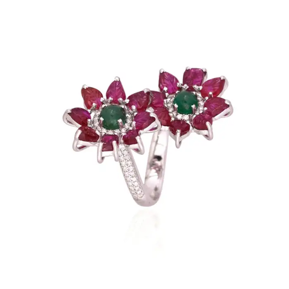 18k White Gold Diamond Toi et Moi Ring - Natural Ruby & Zambian Emerald Wrap Ring