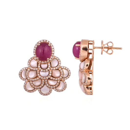 18k Rose Gold Diamond Stud Earrings - Natural Ruby & Mother Of Pearl Dangle Earrings