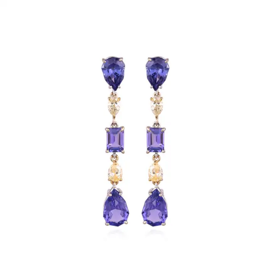 18k White Gold Diamond Dangle Earrings - Natural Tanzanite & Yellow Diamond Earrings