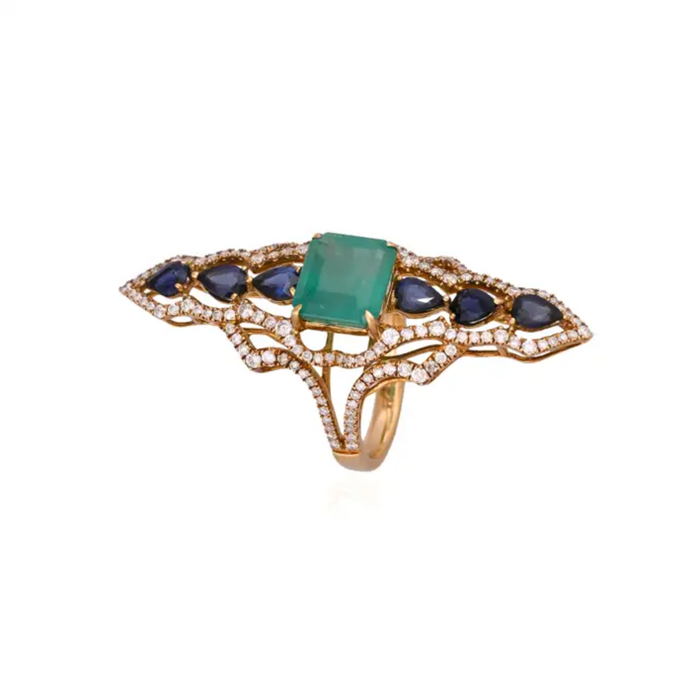 18k Yellow Gold Diamond Handmade Ring - Natural Colombian Emerald & Blue Sapphire Cocktail Ring