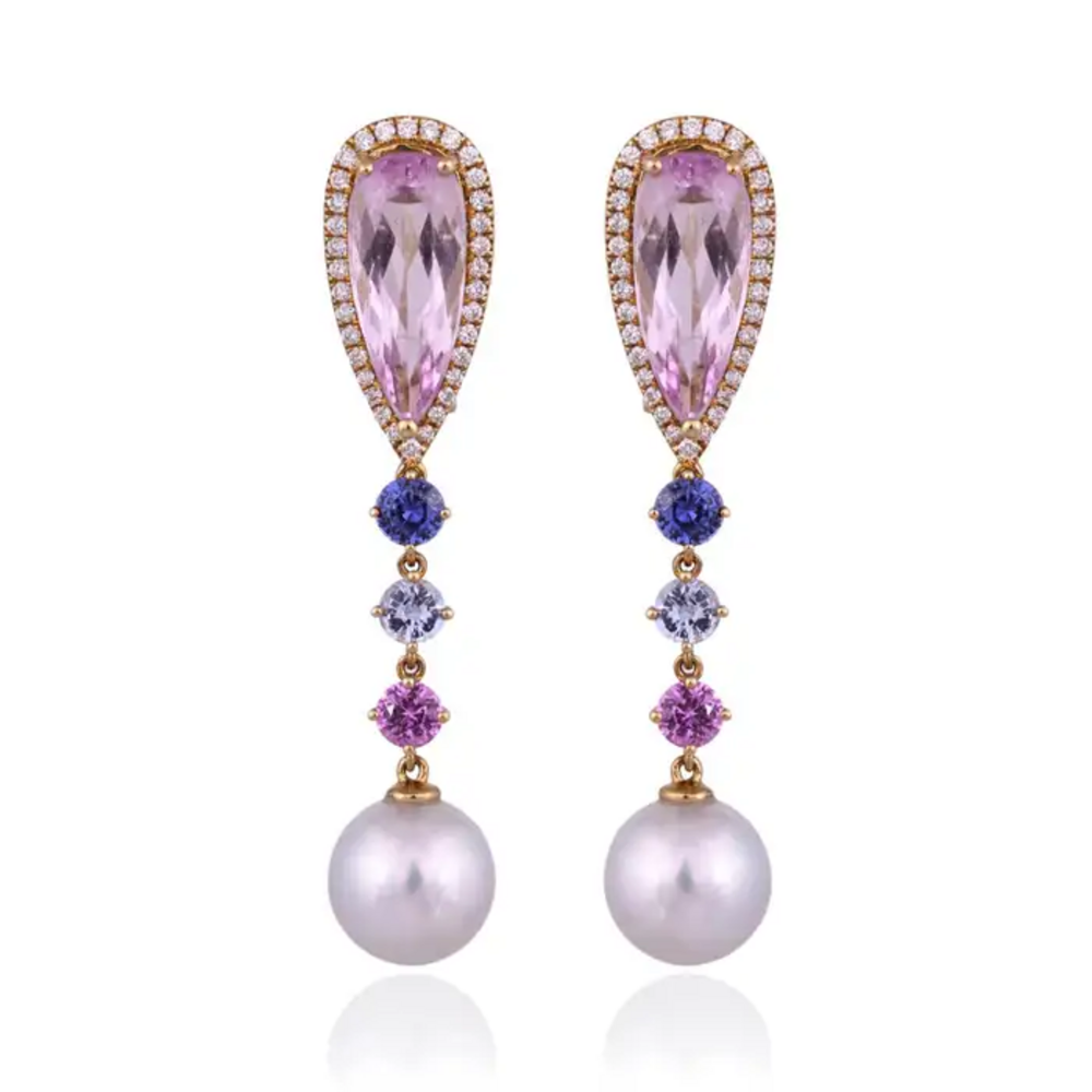 14.32 carat, Kunzite, Multi Sapphire, South Sea Pearl & Diamonds Dangle Earrings