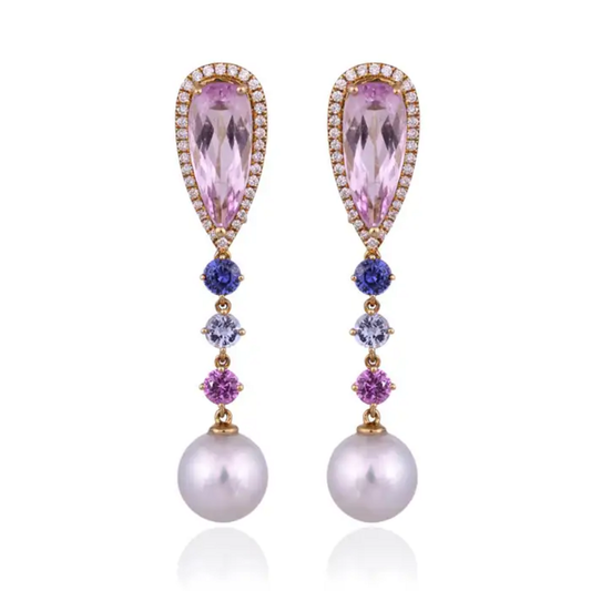 14.32 carat, Kunzite, Multi Sapphire, South Sea Pearl & Diamonds Dangle Earrings