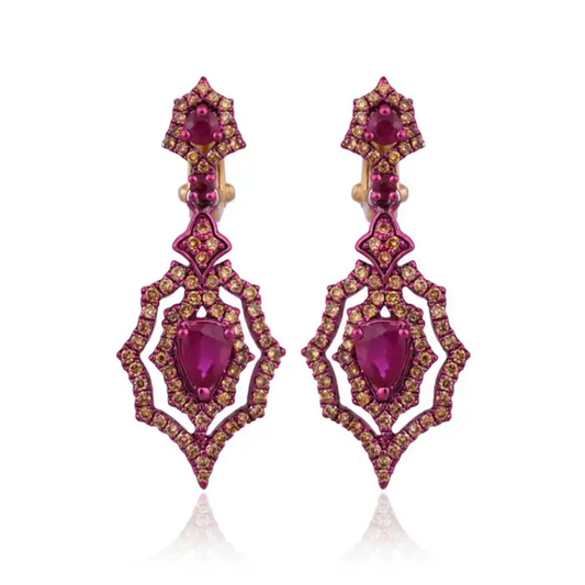 18k Gold Red Rhodium Diamond Dangle Earrings - Natural Mozambique Ruby Earrings
