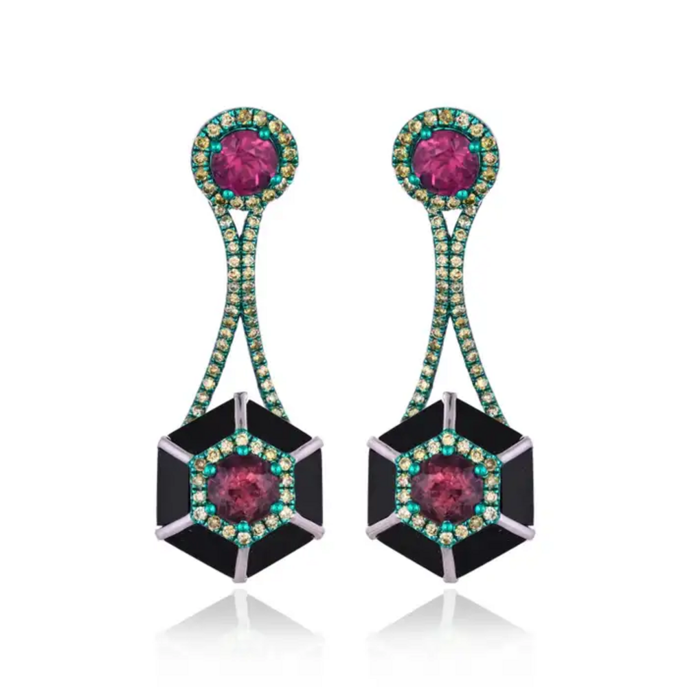 Green Rhodium 18k Gold Diamond Dangle Earrings - Natural Tourmaline & Black Onyx Stud Earrings