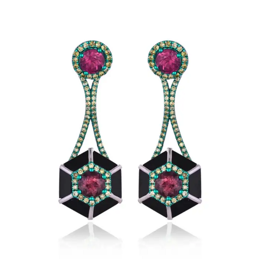 Green Rhodium 18k Gold Diamond Dangle Earrings - Natural Tourmaline & Black Onyx Stud Earrings