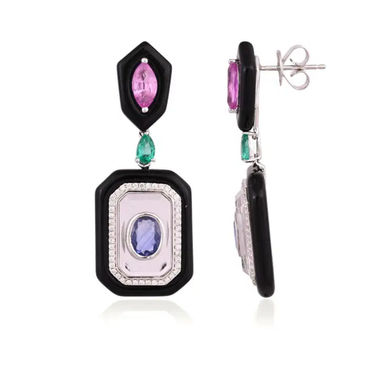 18k White Gold Diamond Dangle Earrings - Natural Emerald, Sapphire, Black Onyx & Crystal Earrings