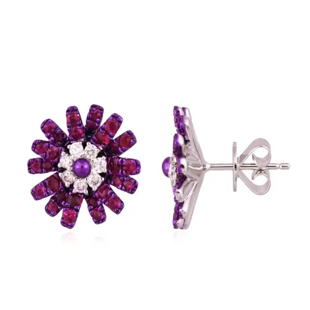 Natural Mozambique Ruby & Diamonds Stud Earrings - 18k Gold Purple Rhodium Tiny Stud Earrings