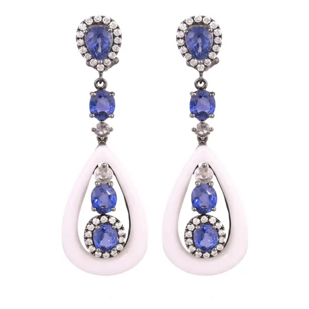 18k White Gold Diamond Dangle Earrings - Natural Blue Sapphire & Onyx Earrings