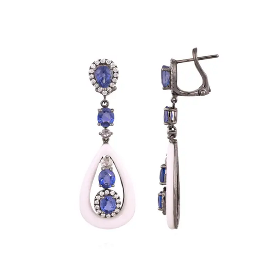 18k White Gold Diamond Dangle Earrings - Natural Blue Sapphire & Onyx Earrings
