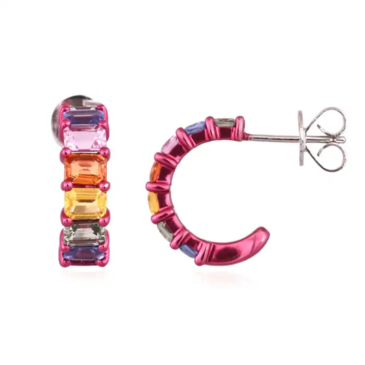 18k White Gold Half Hoop Earrings - Natural Ceylon Multi Sapphire Tiny Earrings