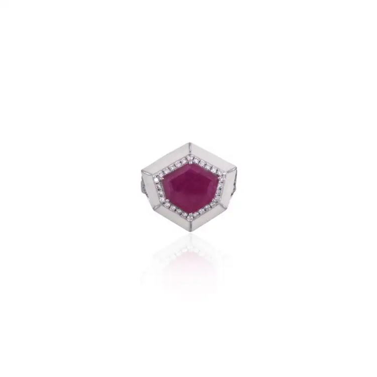 Mozambique Ruby & Diamond Ring - 18k White Gold Handmade Ring With White Enamel