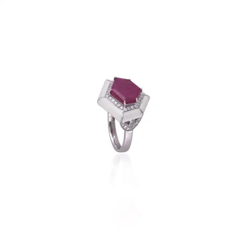 Mozambique Ruby & Diamond Ring - 18k White Gold Handmade Ring With White Enamel