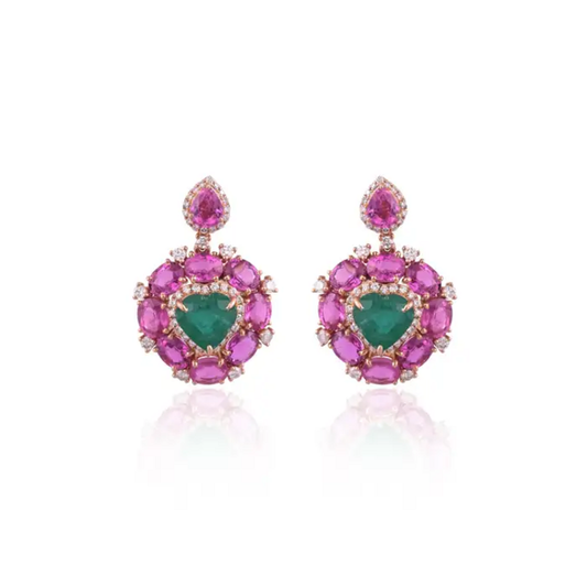 Heart Shape 8.95 Ct. Zambian Emerald Earrings - 18k Rose Gold Diamond Dangle Earrings - Natural Pink Sapphire Earrings