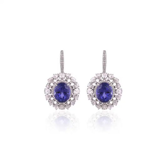 Natural Tanzanite & Diamond Earrings - 18k White Gold Handmade Dangle Women Earrings