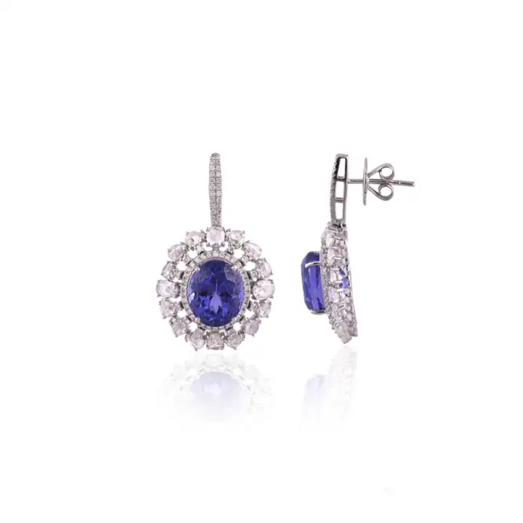Natural Tanzanite & Diamond Earrings - 18k White Gold Handmade Dangle Women Earrings