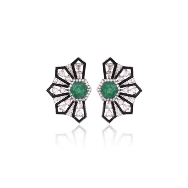 18k White Gold Handmade Stud Earrings - Natural Zambian Emerald & Diamond Women Earrings