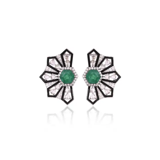 18k White Gold Handmade Stud Earrings - Natural Zambian Emerald & Diamond Women Earrings