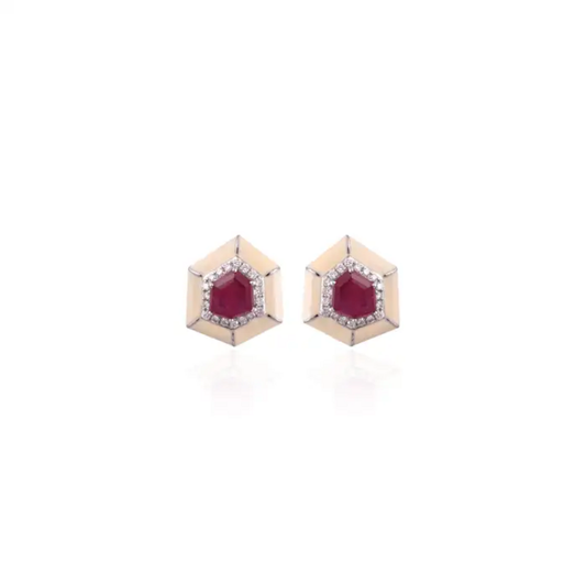 18k White Gold Handmade Minimalist Stud Earrings - Natural Mozambique Ruby White Enamel Earrings - Gold Diamond Earrings