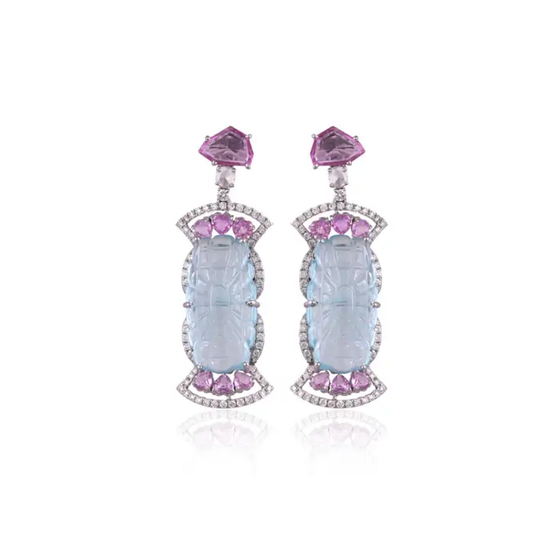 White Gold 18k Earrings - Natural Pink Sapphire & Carved Aquamarine Gemstone Dangle Earrings - Gold Diamond Women Valentine Jewelry