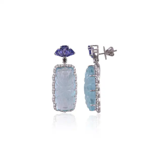 41.37 Ct. Carved Aquamarine Dangle Earrings - 18k White Gold Handmade Earrings - Trillion Cut Tanzanite Earrings