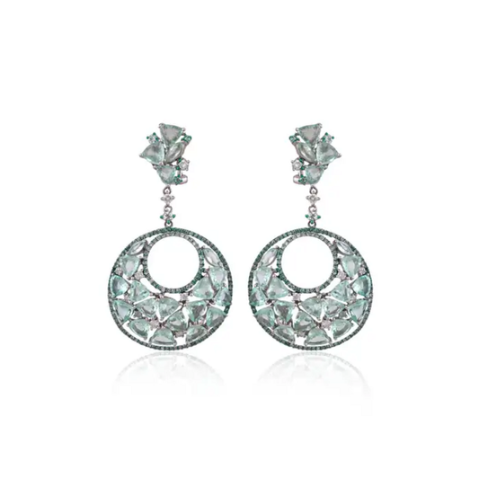 14.15 Ct. Paraiba Tourmaline Gemstone Earrings - 18k White Gold Handmade Diamond Chandelier Earrings