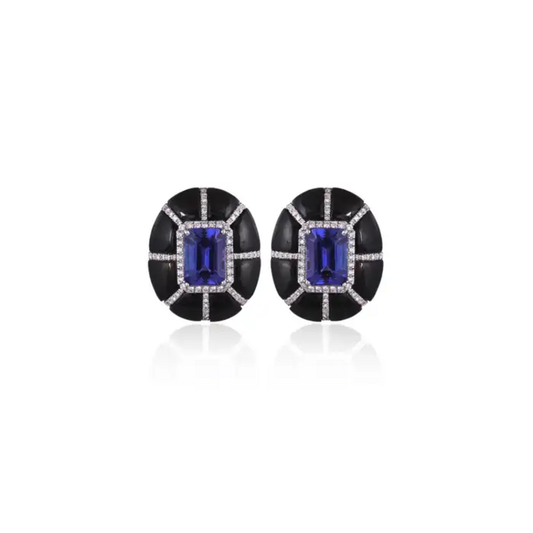 9.24 Ct. Natural Tanzanite Stud Earrings - 18k White Gold Handmade Earrings - Gold Diamond Women Earrings - Black Onyx Earrings