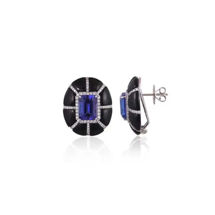 9.24 Ct. Natural Tanzanite Stud Earrings - 18k White Gold Handmade Earrings - Gold Diamond Women Earrings - Black Onyx Earrings