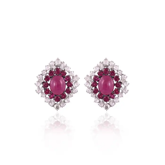 Natural Mozambique Ruby Stud Earrings - 18k White Gold Diamond Minimalist Earrings