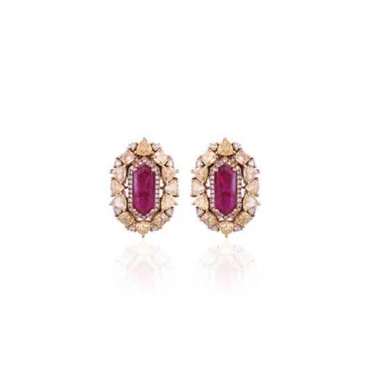18k Rose Gold Yellow Diamond Stud Earrings - Natural Mozambique Ruby Tiny Earrings