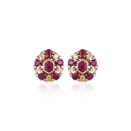 Mozambique Ruby & Yellow Diamond Stud Earrings - 18k Yellow Gold Diamond Stud Earrings