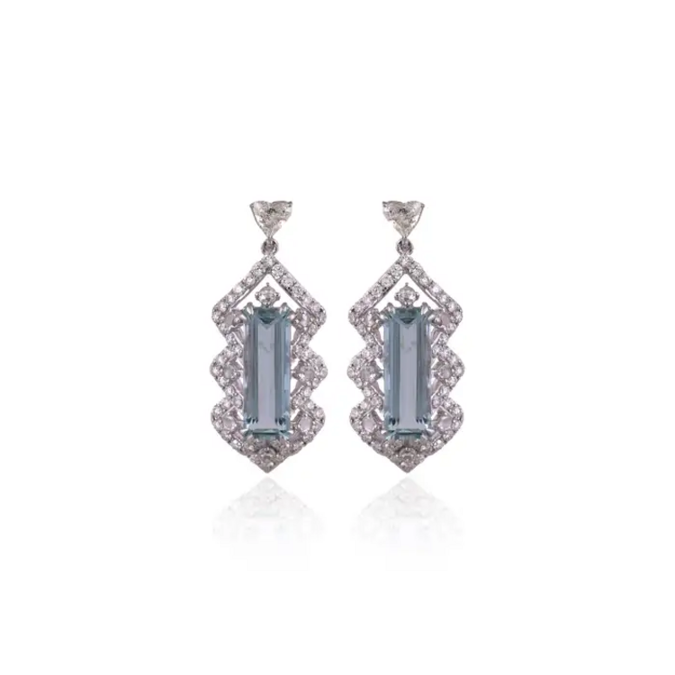 5.26 Ct. Aquamarine Dangle Earrings - Handmade 18k White Gold Heart Shape Diamond Earrings