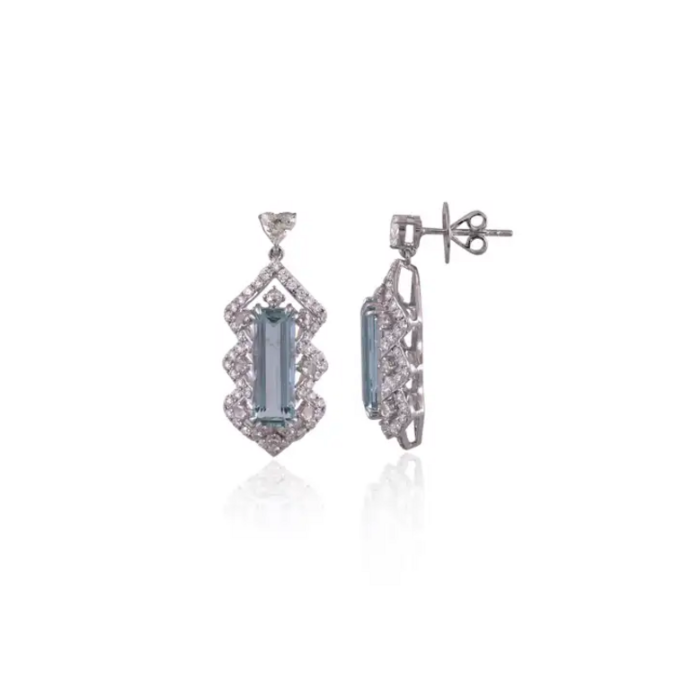 5.26 Ct. Aquamarine Dangle Earrings - Handmade 18k White Gold Heart Shape Diamond Earrings