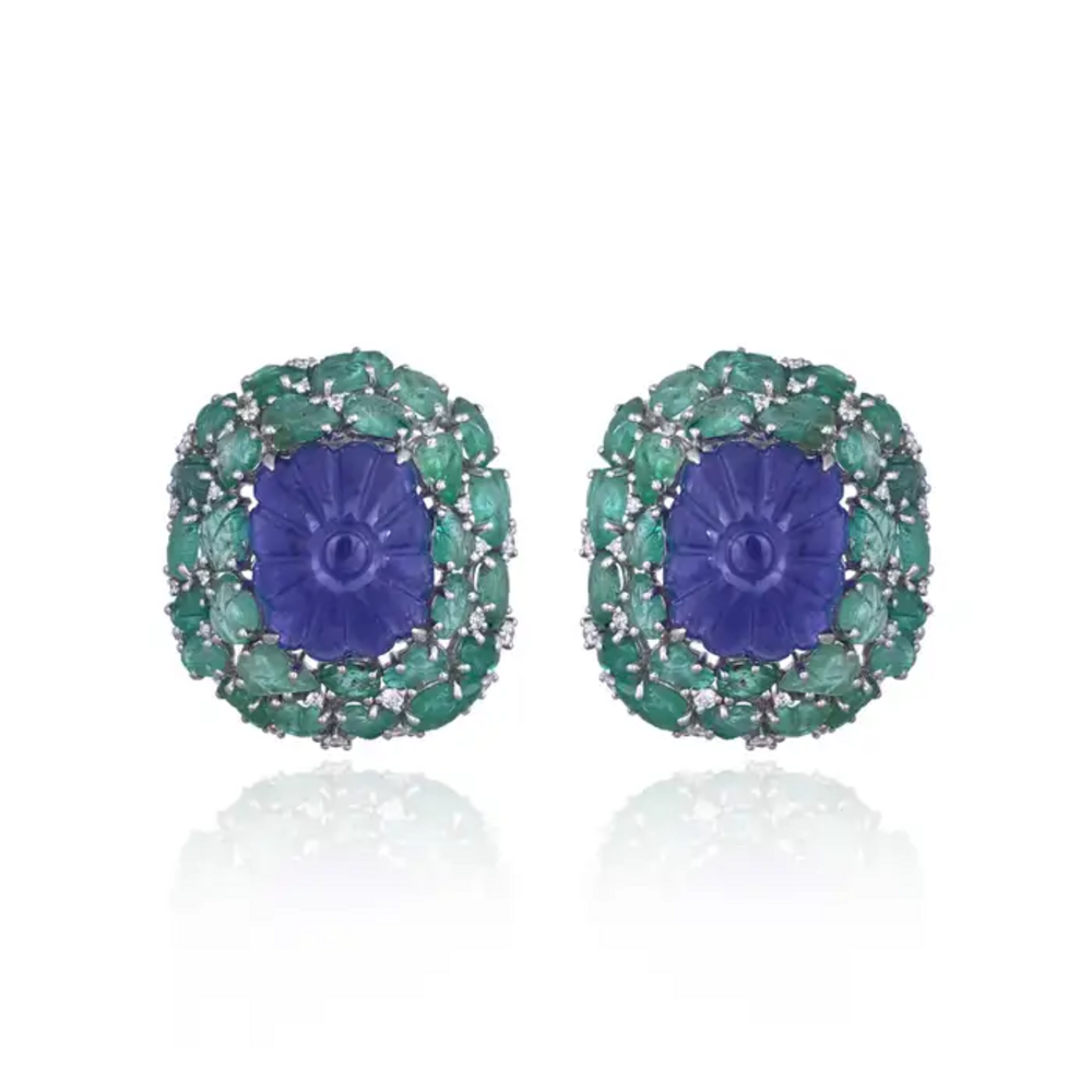 18k White Gold Diamond Stud Earrings - Hand Carved Tanzanite & Zambian Emerald Earrings