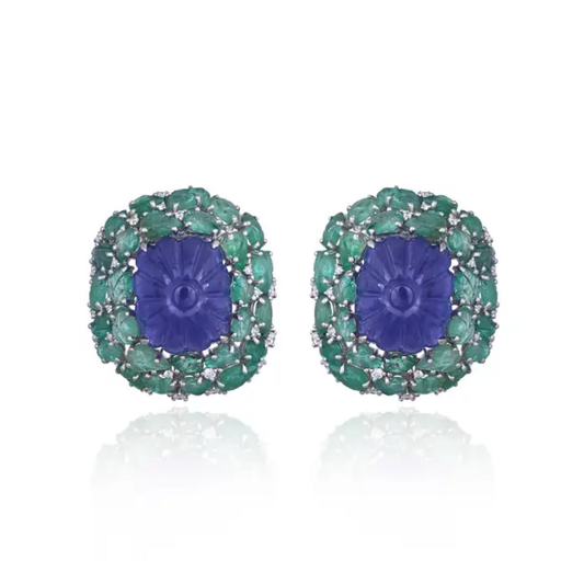 18k White Gold Diamond Stud Earrings - Hand Carved Tanzanite & Zambian Emerald Earrings