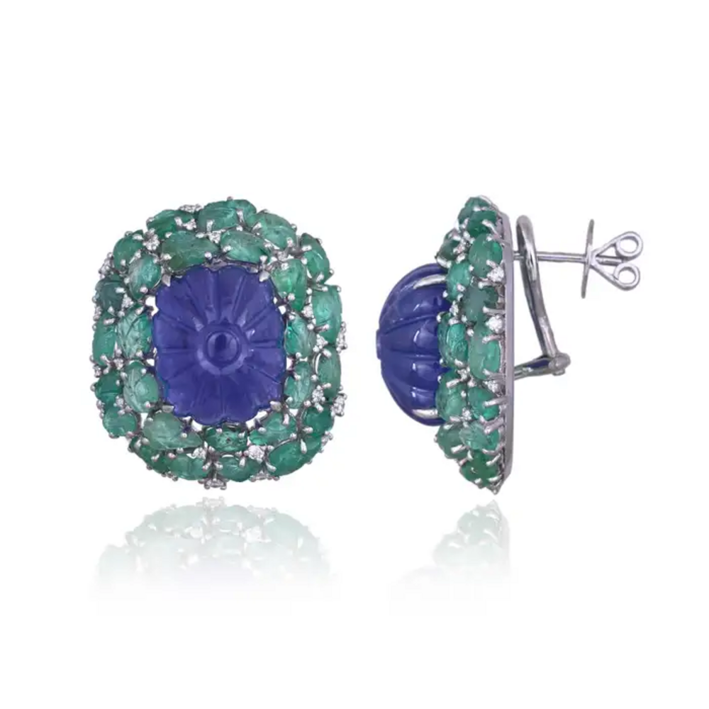 18k White Gold Diamond Stud Earrings - Hand Carved Tanzanite & Zambian Emerald Earrings