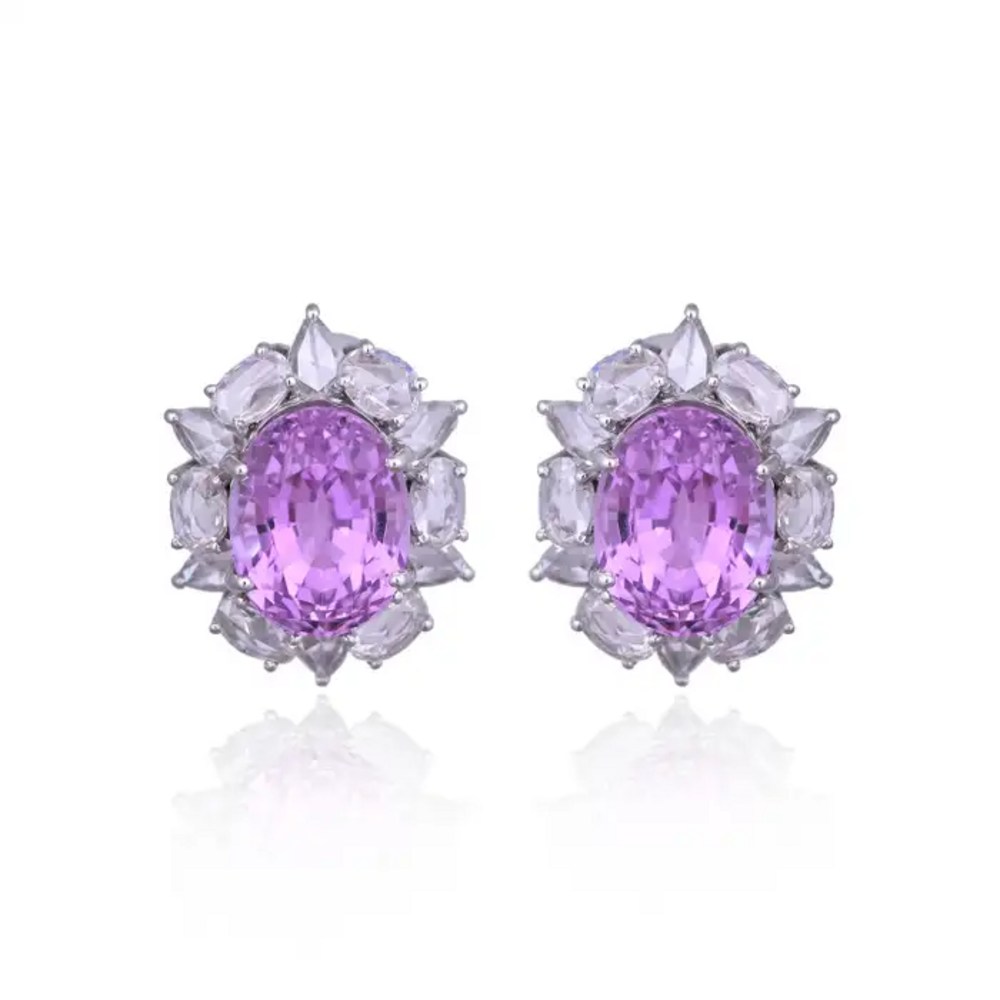 11.26 Ct. Kunzite Stud Earrings - 18k White Gold Rose Cut Diamond Earrings