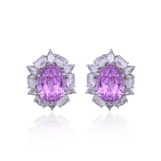 11.26 Ct. Kunzite Stud Earrings - 18k White Gold Rose Cut Diamond Earrings