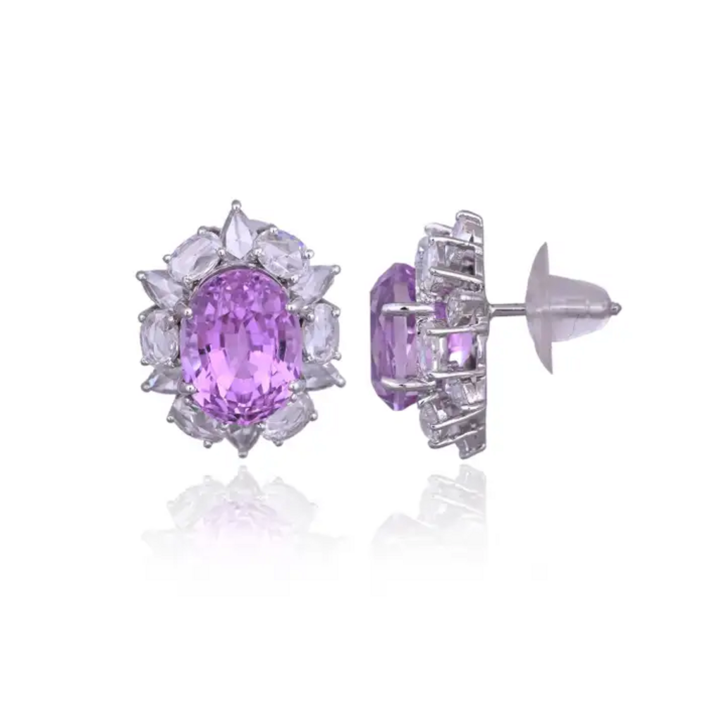 11.26 Ct. Kunzite Stud Earrings - 18k White Gold Rose Cut Diamond Earrings