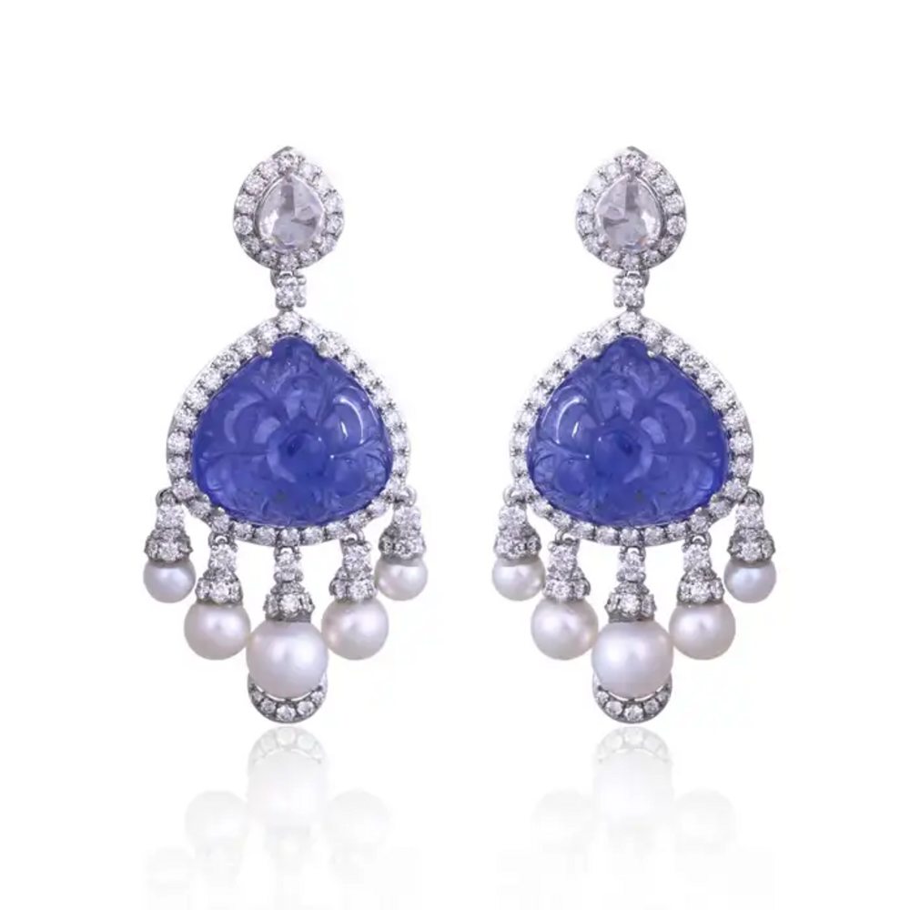 18k White Gold Diamond Dangle Earrings - Natural Tanzanite & Freshwater Pearl Earrings