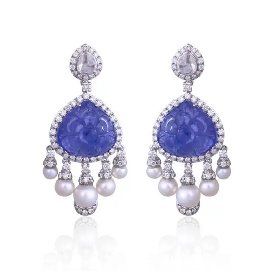 18k White Gold Diamond Dangle Earrings - Natural Tanzanite & Freshwater Pearl Earrings